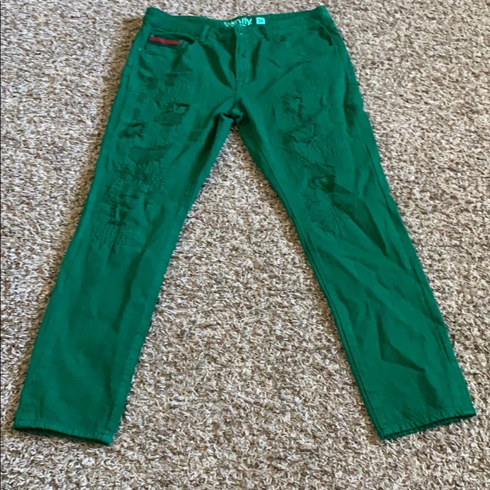 Born fly green ripped jeans/ red striped pockets